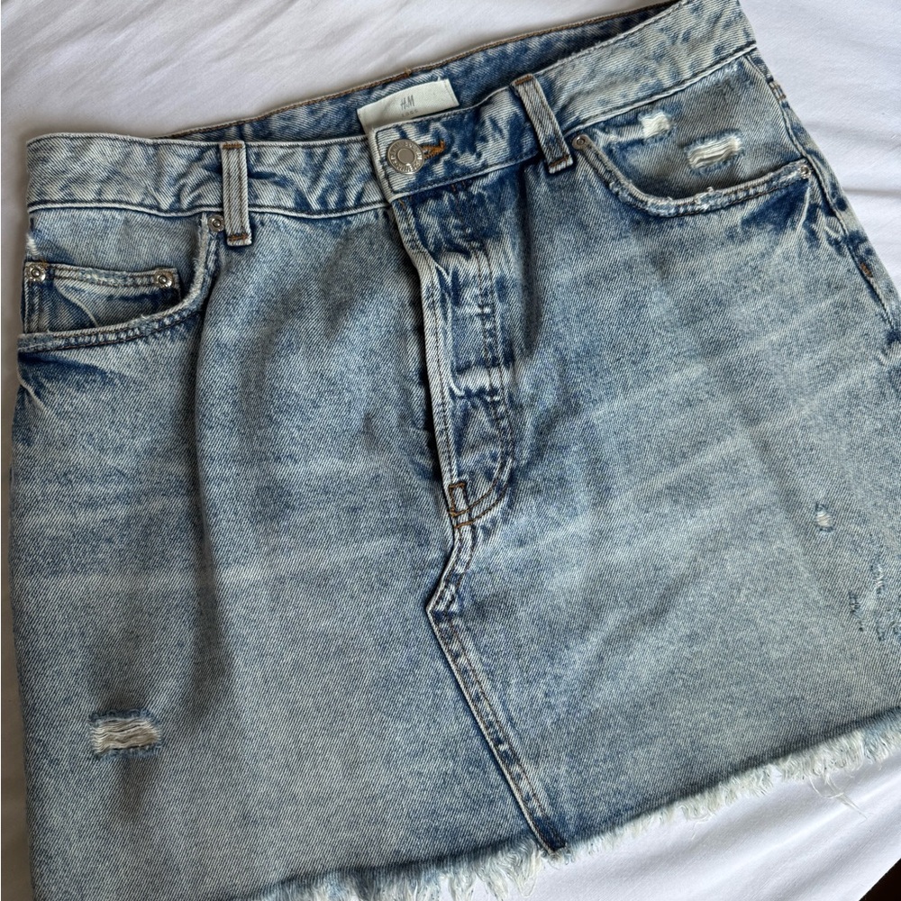 H&M Light Blue Distressed Denim Mini Skirt
